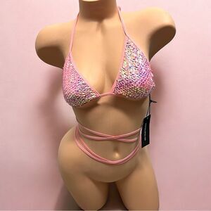 Club Exx x Dolls Kill triangle bikini top coral stretch sparkle festival szL